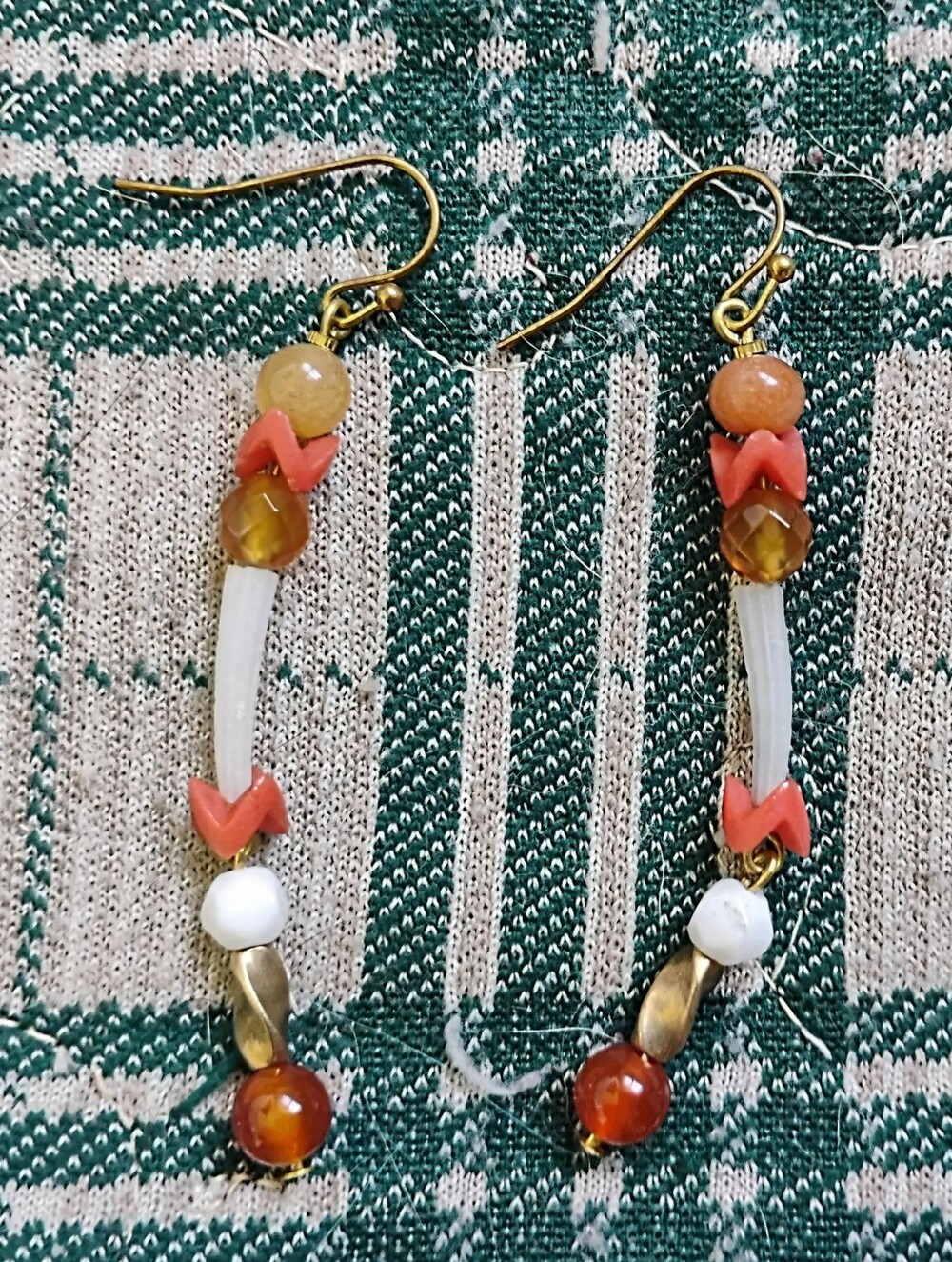 Carnelian, Trade Bead, and Tusk Shell Handmade Earrings